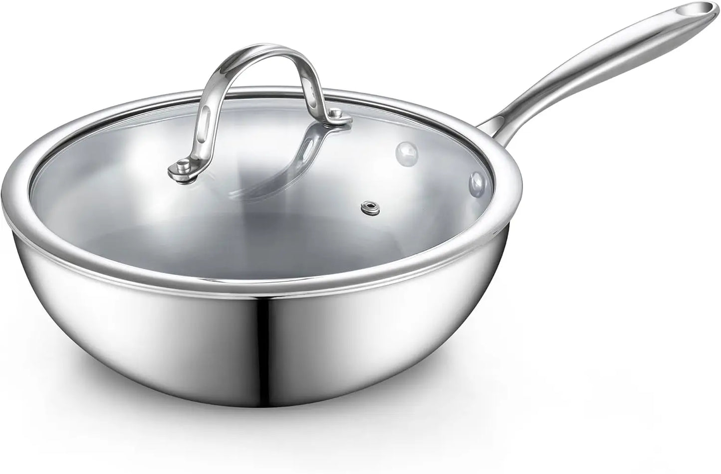 Stainless Steel Wok With Lid Induction Compatible Durable