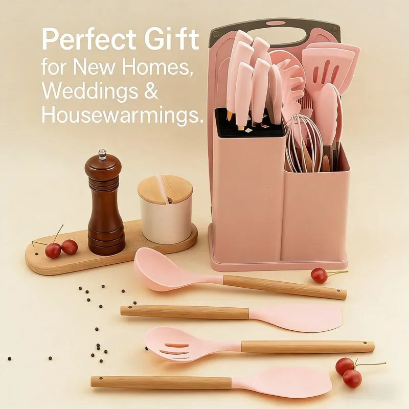 19 In 1 Kitchen Knife And Silicone Utensil Set Heat Resistant Tools