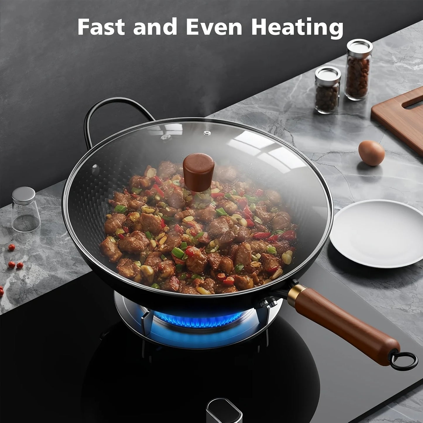 1 Set Cast Iron Wok with Lid- 13.35-Inch Nonstick Frying Pan, Flat Bottom Carbon Steel Cookware Induction Nonstick Wok, Woks & Stir-Fry Pans for Induction, Electric, Gas, Halogen, All Stoves