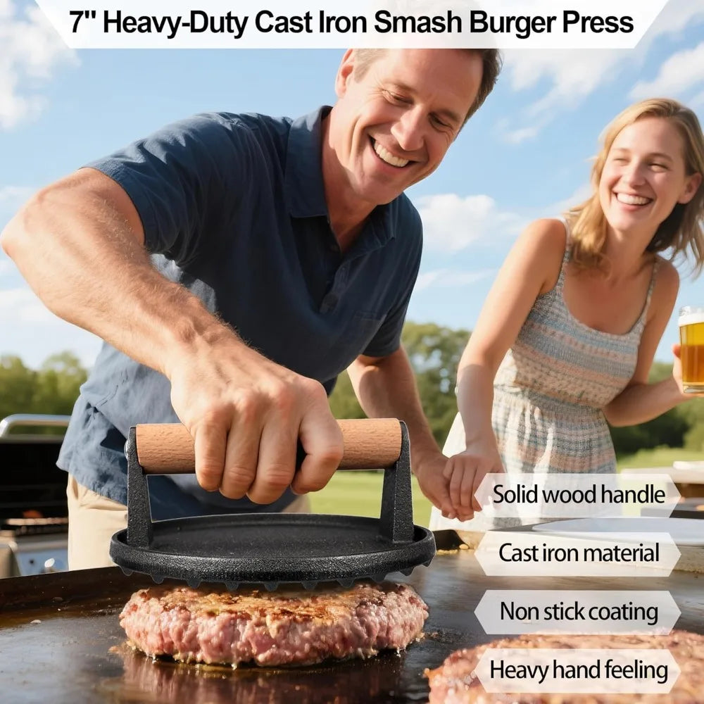 Cast Iron Smash Burger Press Kit With Spatula And Accessories