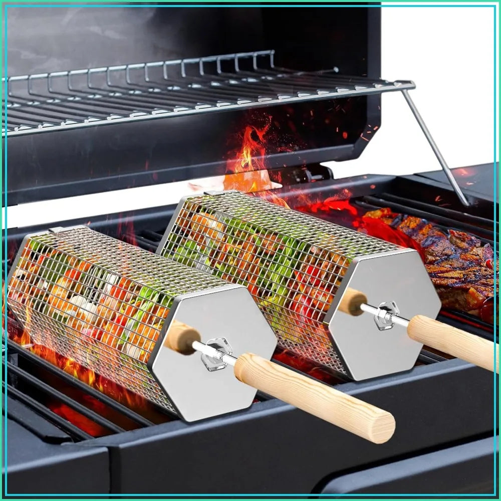 Rolling Grill Basket With Removable Wood Handle For Outdoor Cooking