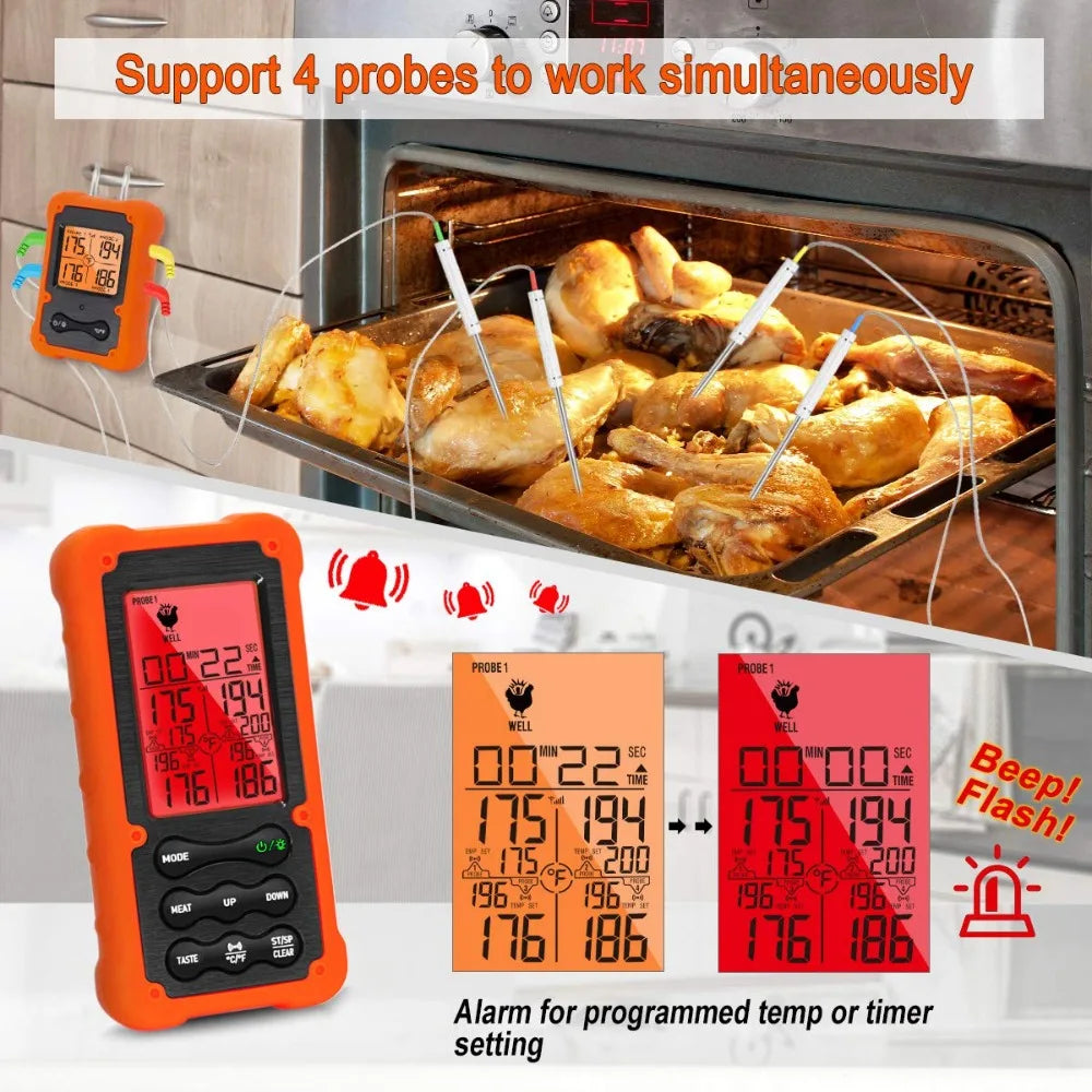 Digital Wireless Meat Thermometer With Four Probes For Grilling