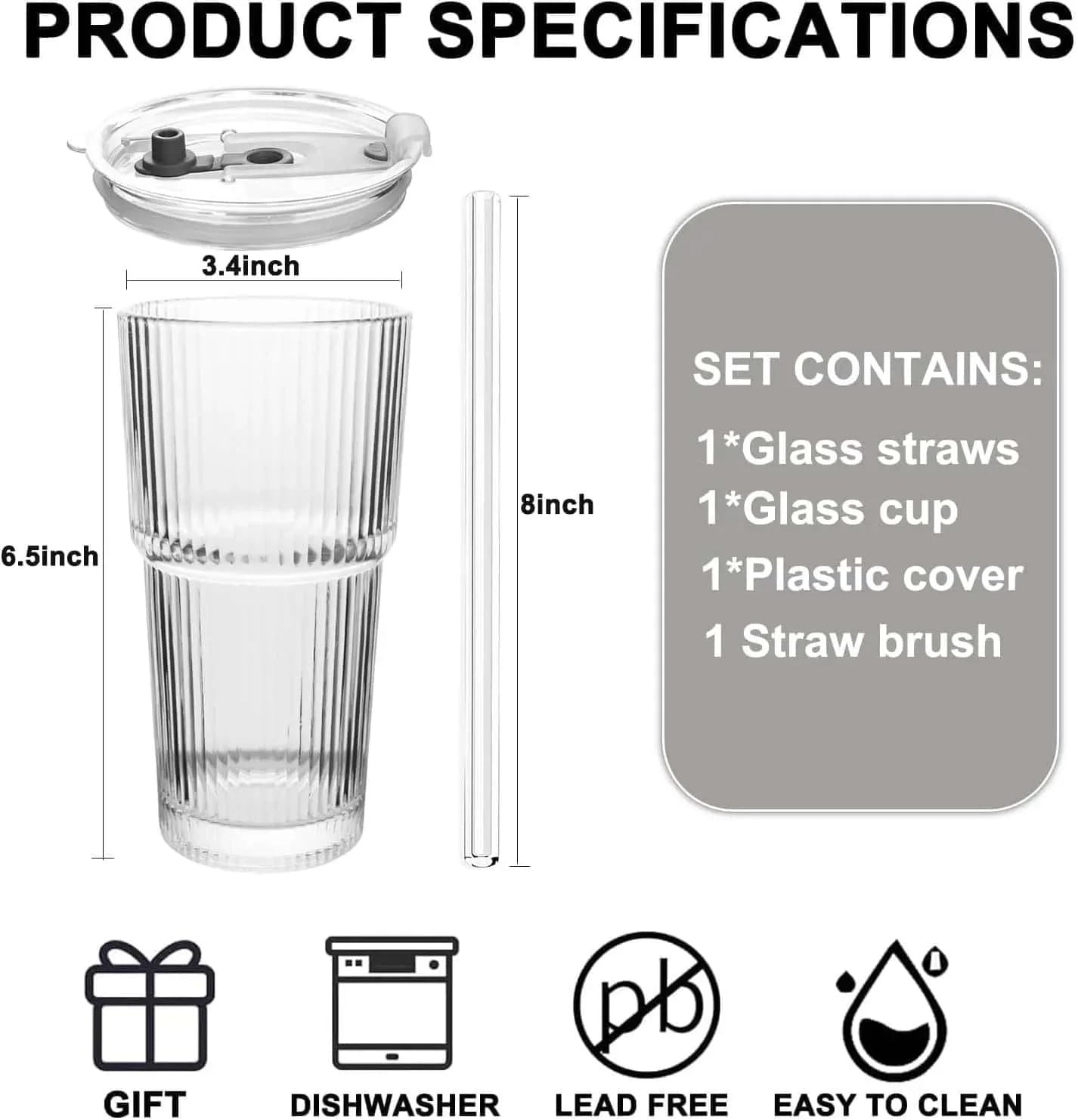 Glass Cold Cup With 2-In-1 Straw Lid Lipstick Transfer Resistant