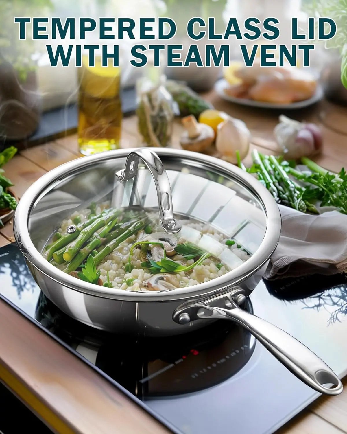 Stainless Steel Wok With Lid Induction Compatible Durable