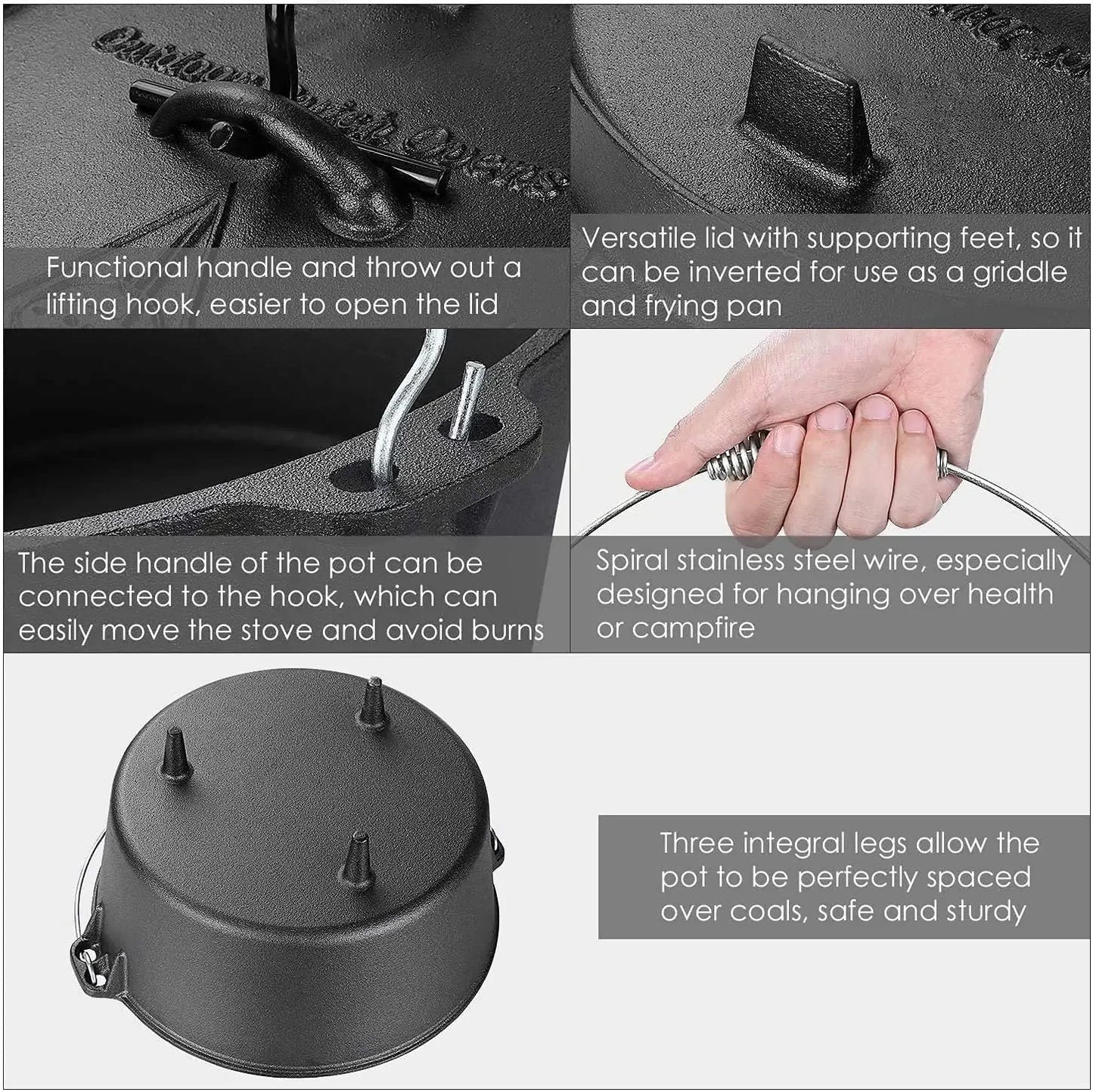 Cast Iron Dutch Oven Camping Pot Outdoor Portable Multifunction Cookware