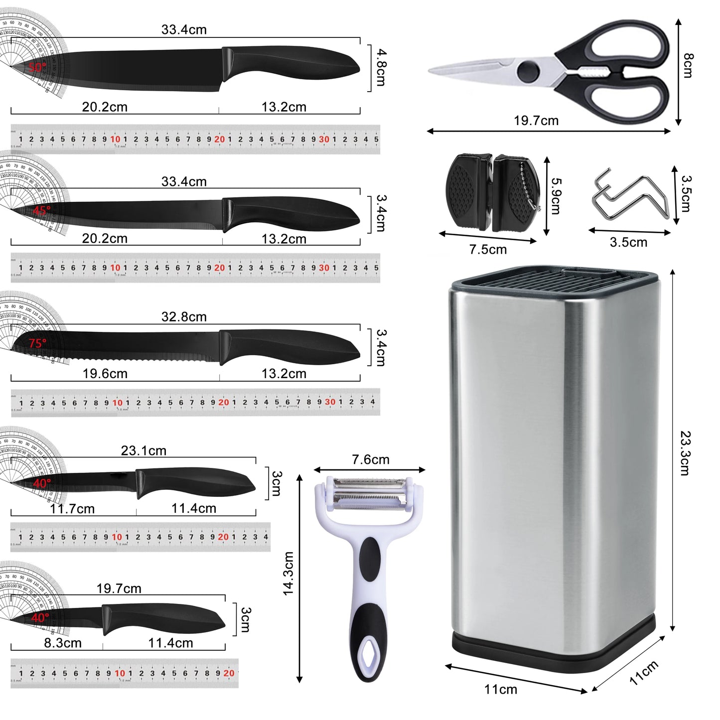 10Pcs Black Coated Kitchen Knife Set with Stainless Steel Universal Knife Block, Sharp Chef Bread Paring Knives + Peeler Scissors Mini Sharpener, Multi-purpose Household Cooking Cutlery Gift Set