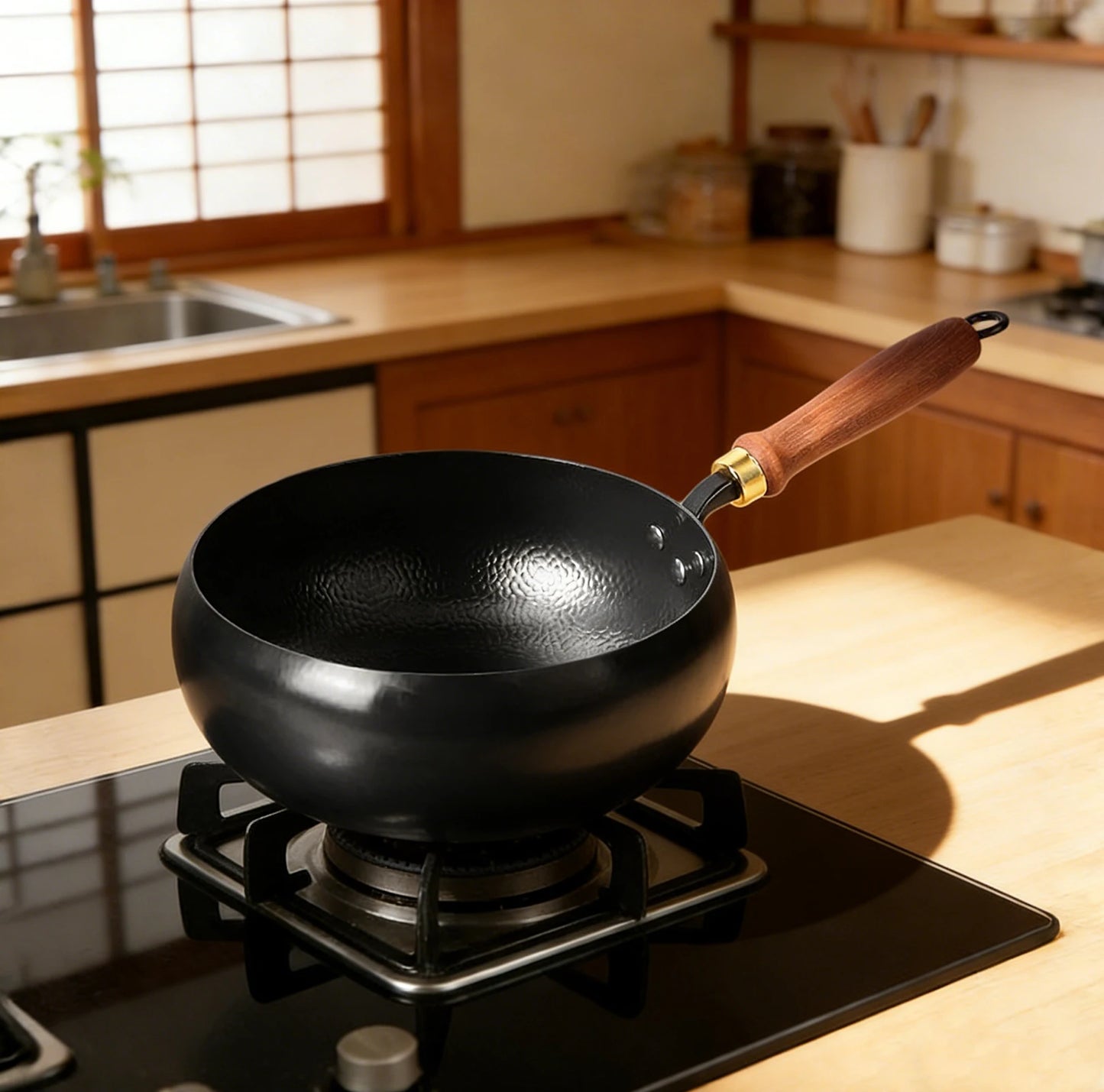 Bymaocar Hand Forged Hammered Wok Preseasoned Nonstick Wood Handle