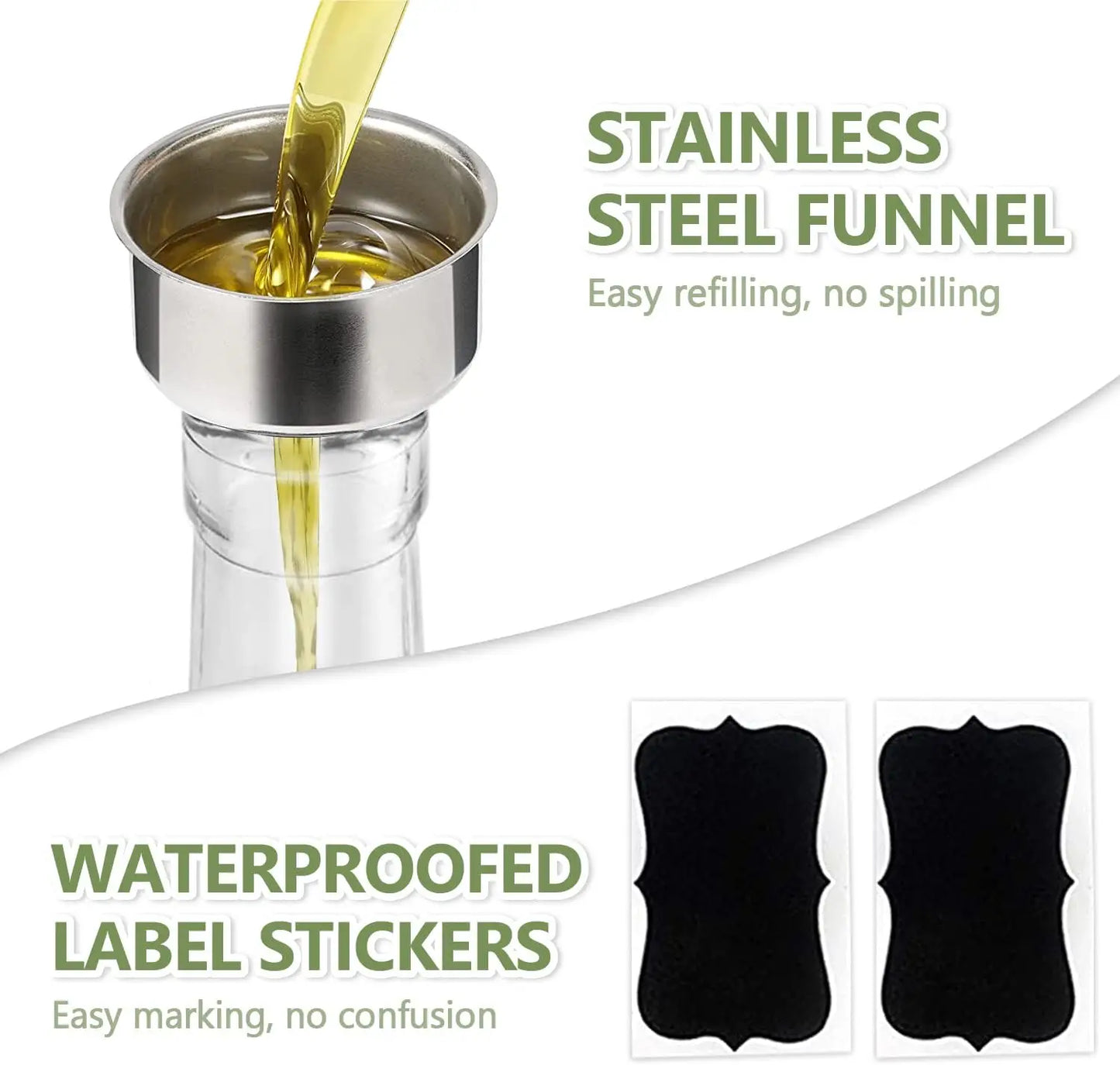 Clear Glass Olive Oil Dispenser with Stainless Pourers and Accessories