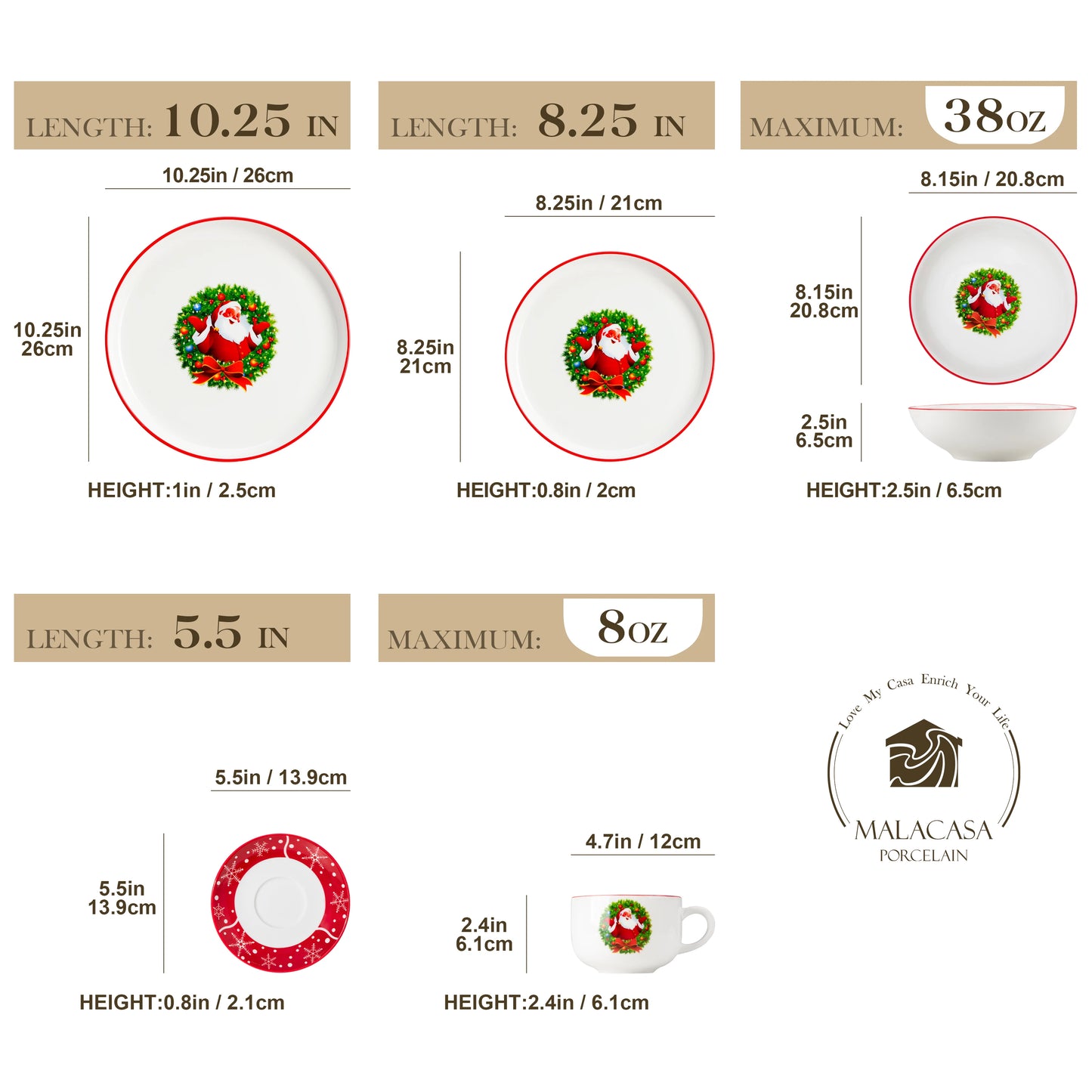 MALACASA Christmas Tree Ceramic Dinnerware Set Plates Bowls Mugs