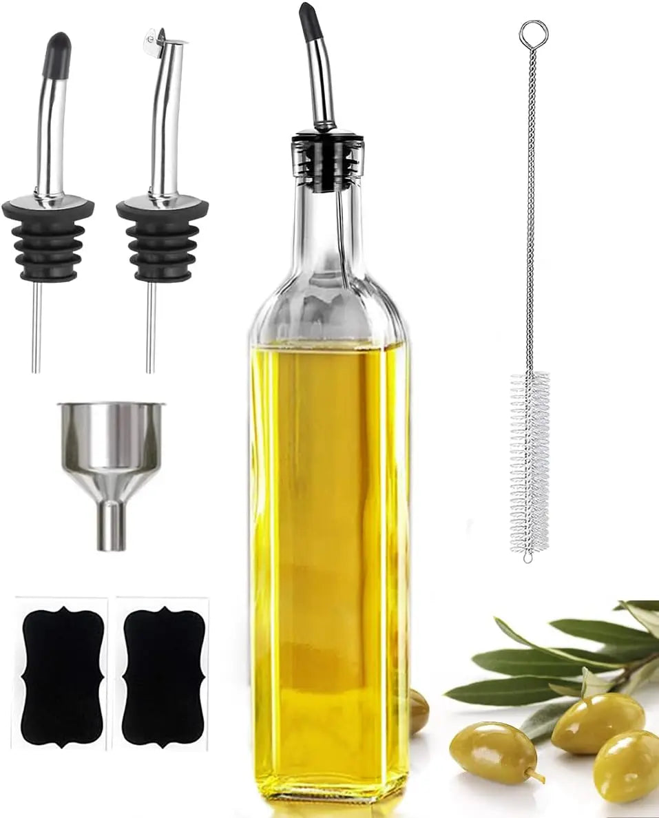 Clear Glass Olive Oil Dispenser with Stainless Pourers and Accessories