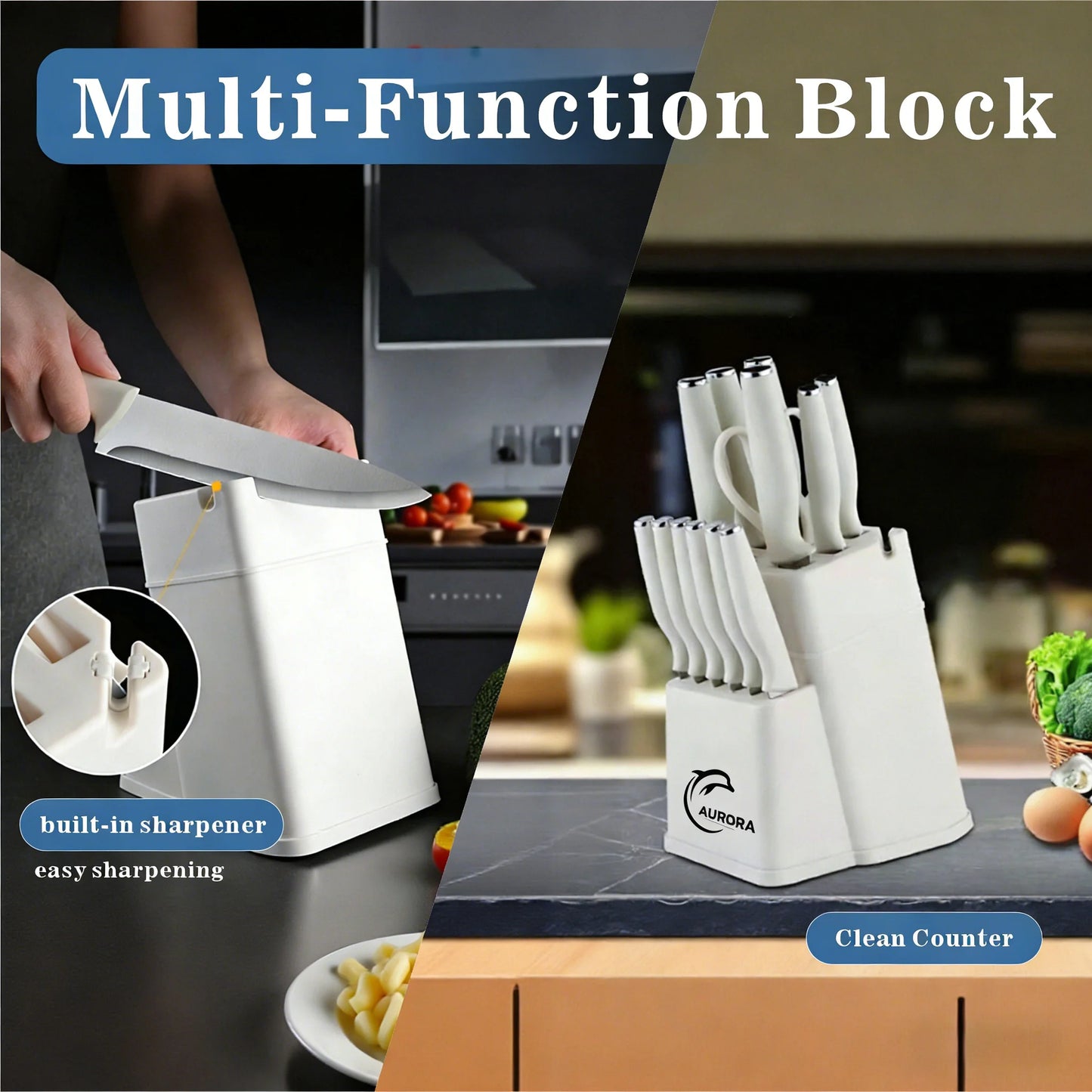 Knife Set 15-Piece Block With Built-In Sharpener And Ergonomic Handle