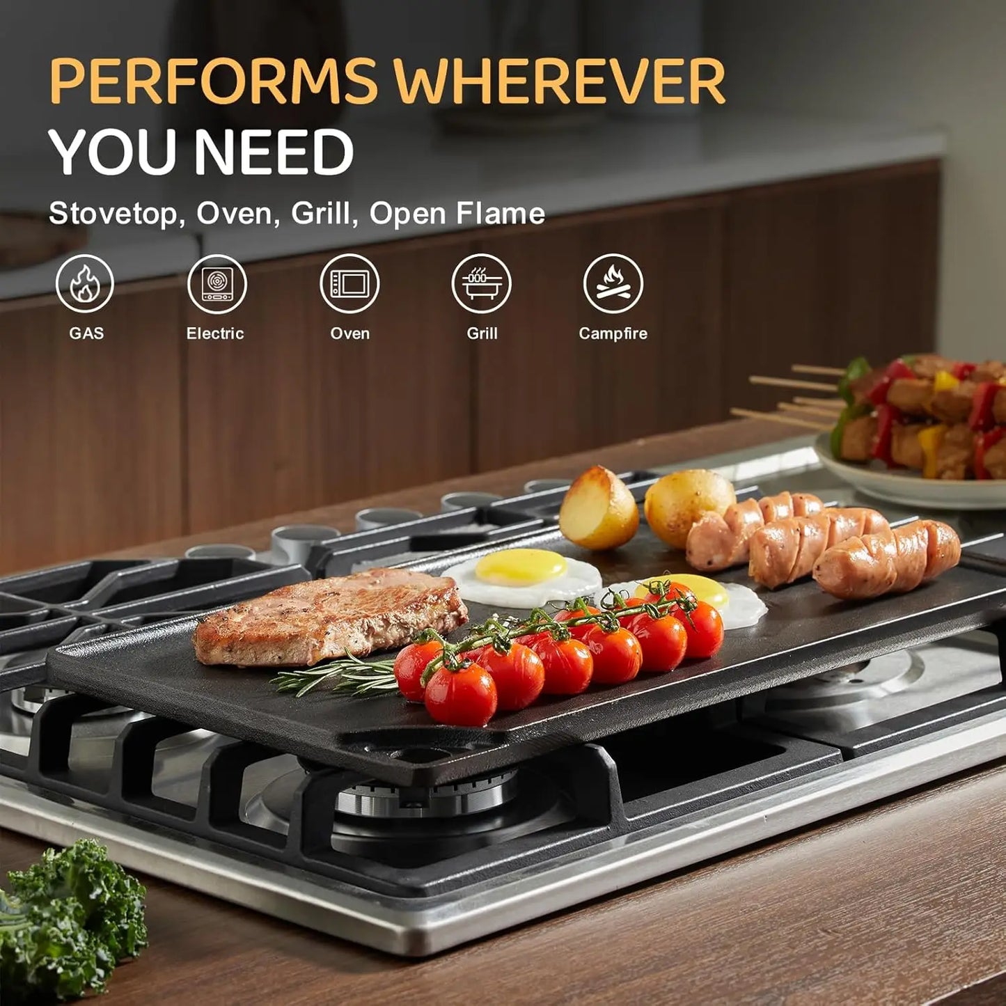 Pre-Seasoned Reversible Cast Iron Grill Griddle For Stove Oven Campfire