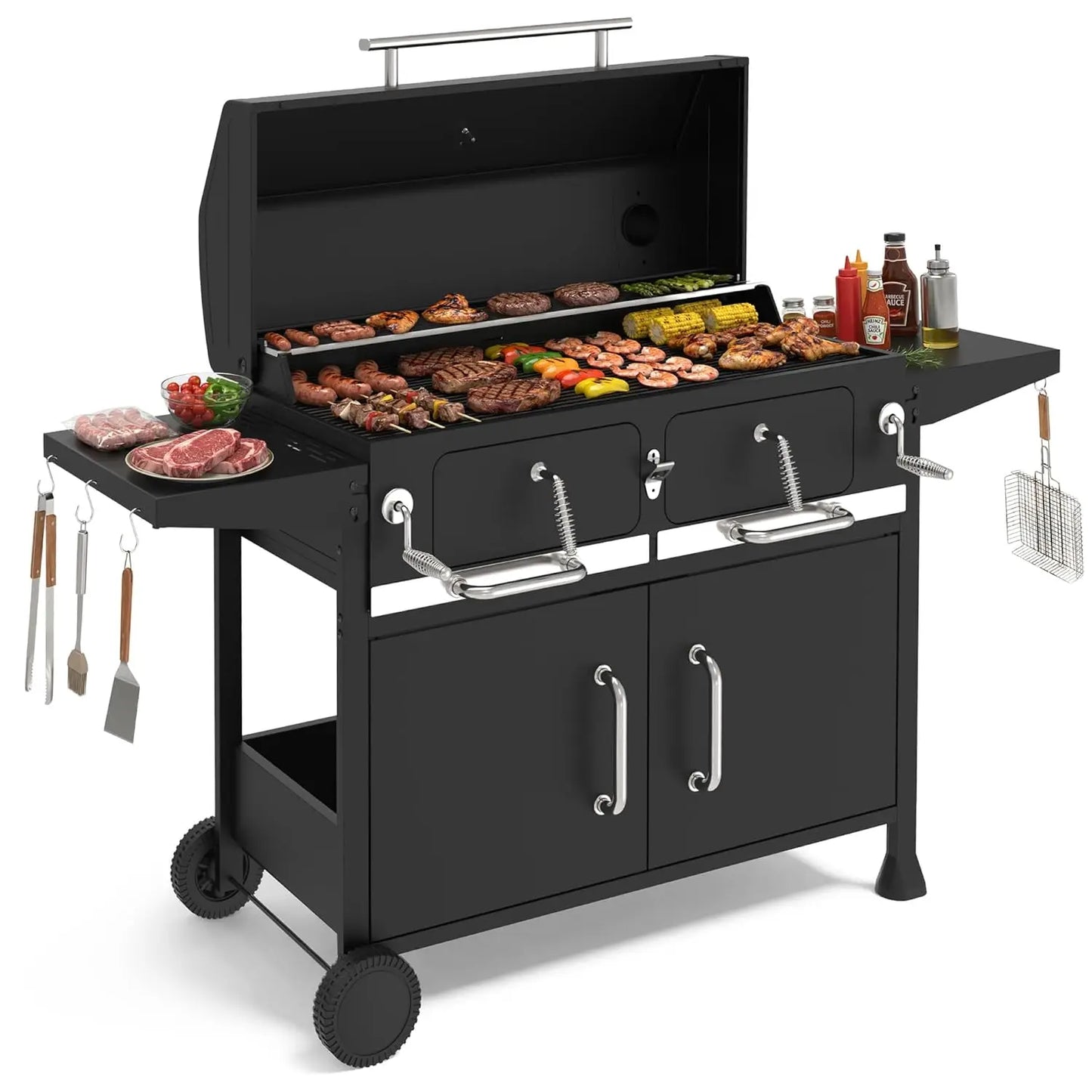 Charcoal Dual-Zone Grill Smoker With Foldable Side Tables