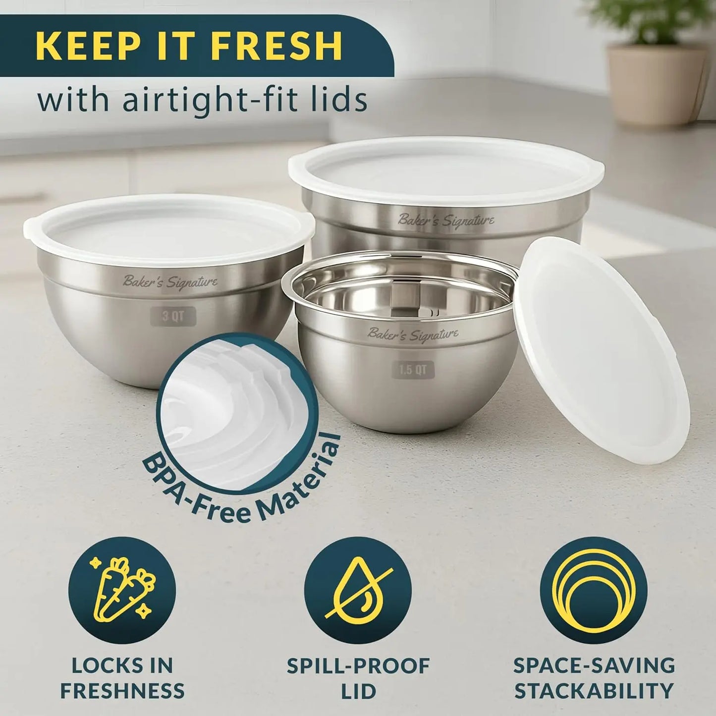 Stainless Steel Mixing Bowls Set 3 With Durable Lids