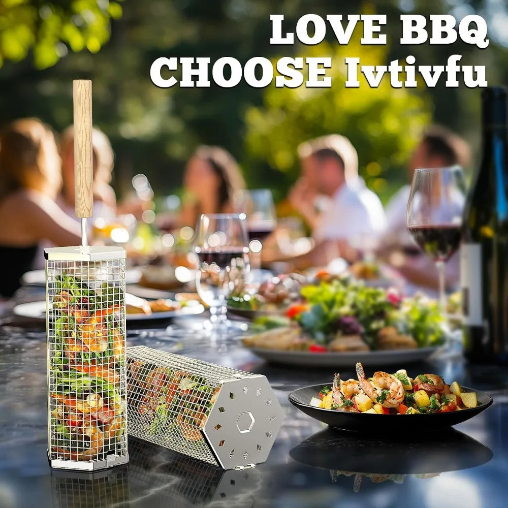 Rolling Grill Basket With Removable Wood Handle For Outdoor Cooking