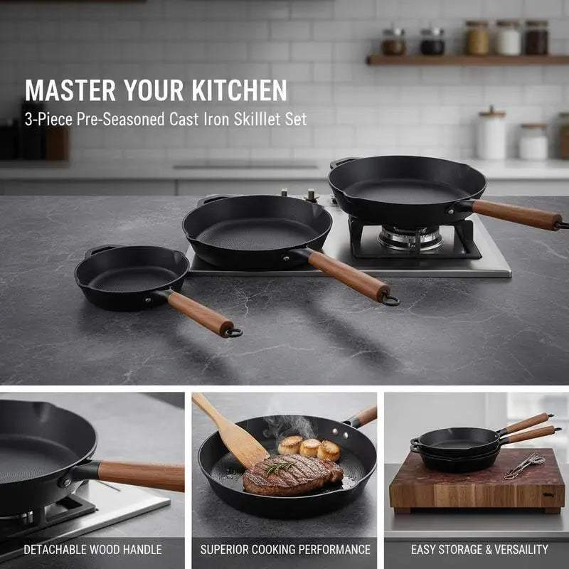 Cast Iron Cookware Set 3-Piece Frying Pans With Detachable Wood Handles
