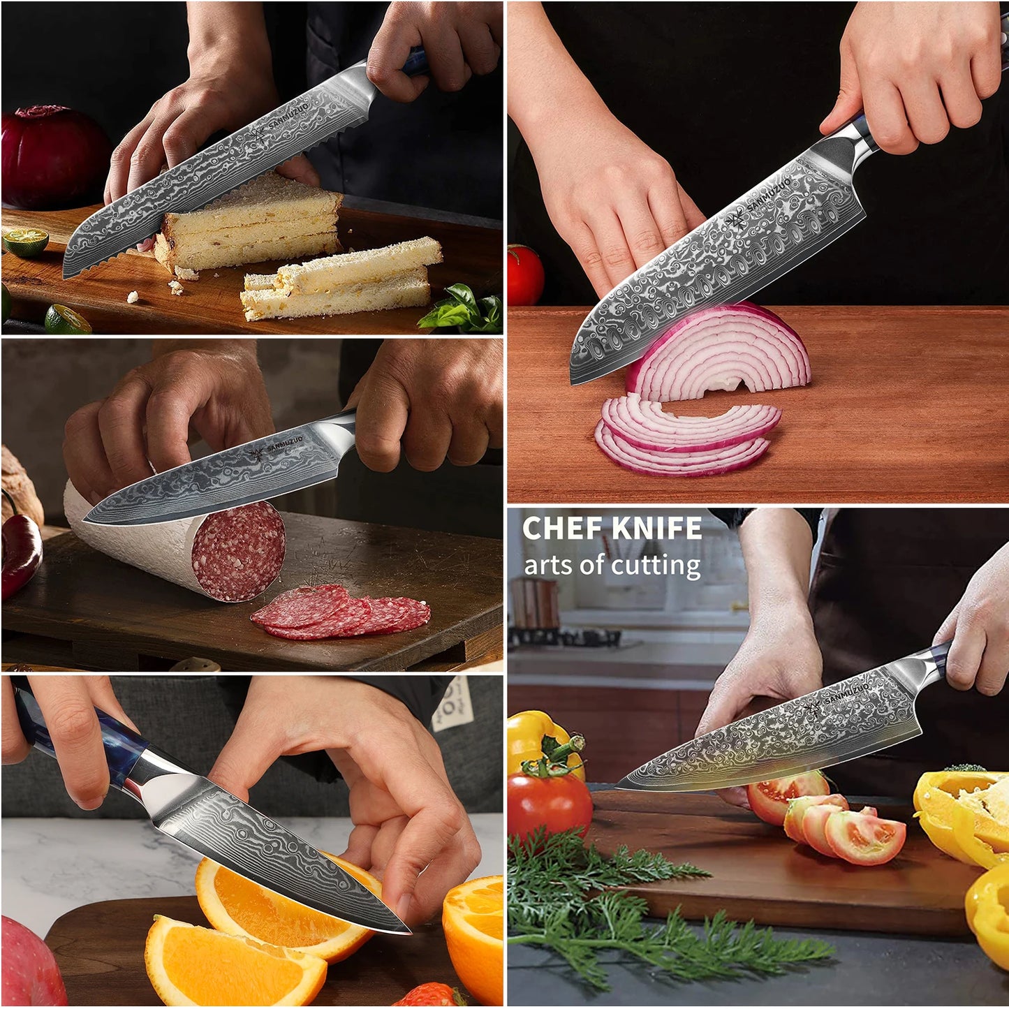 Damascus Steel Kitchen Knife Set With Resin Handles Chef Santoku Bread Paring
