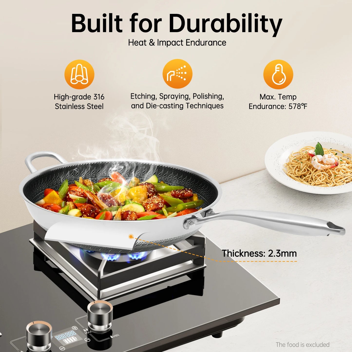 Stainless Steel Wok With Lid 316 Grade Dishwasher Safe