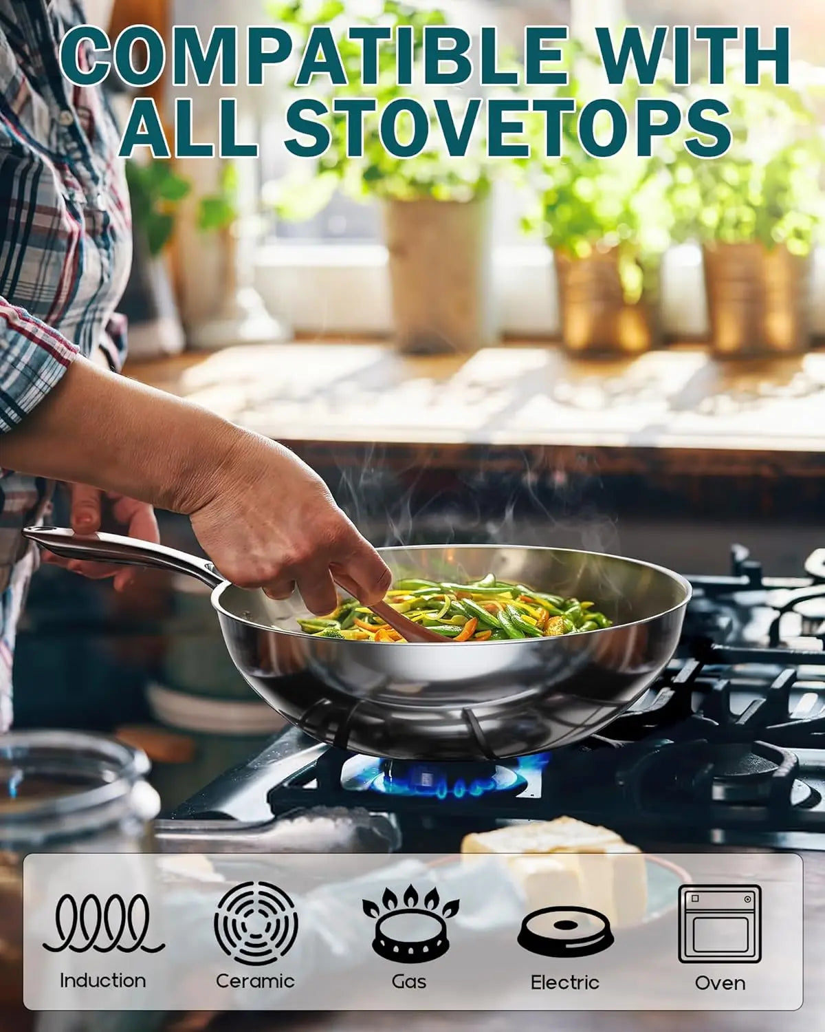 Stainless Steel Wok With Lid Induction Compatible Durable