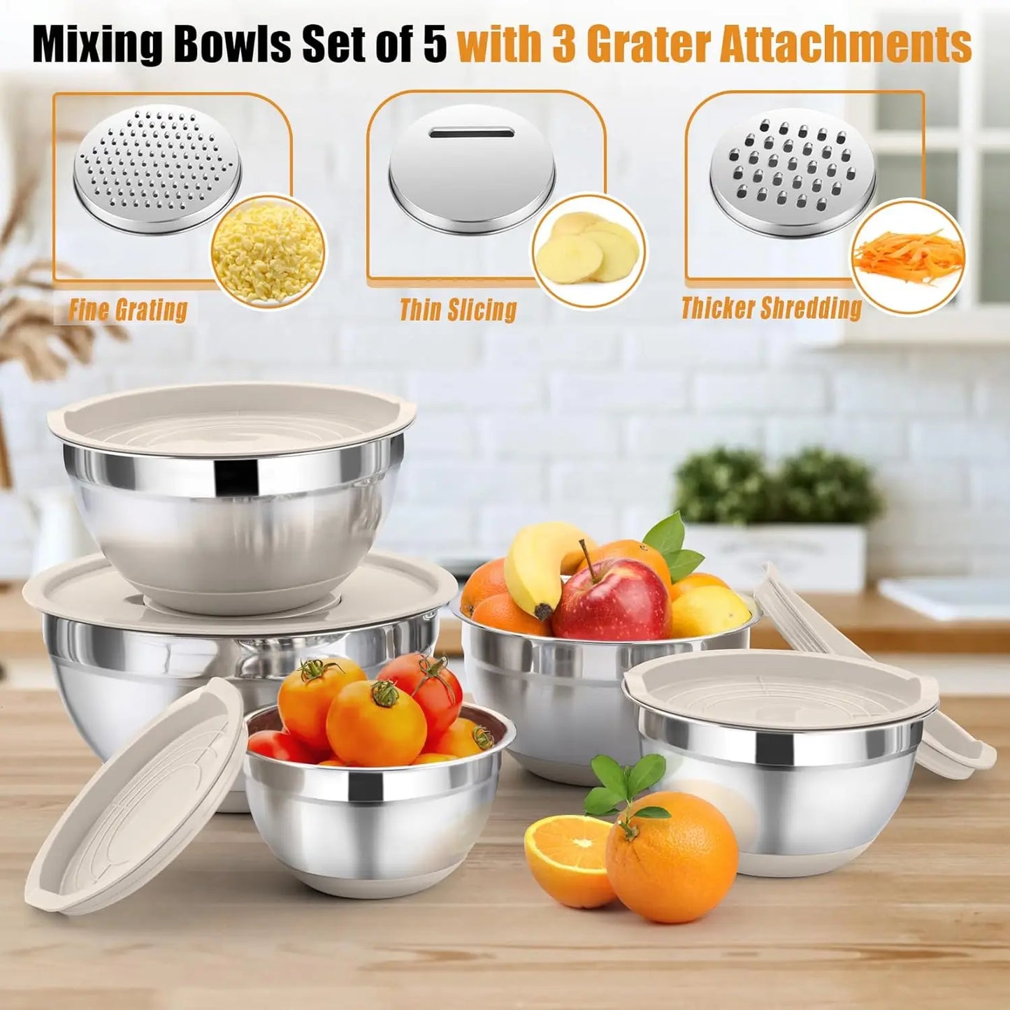 Stainless Steel Mixing Bowl Set With Lids And Graters