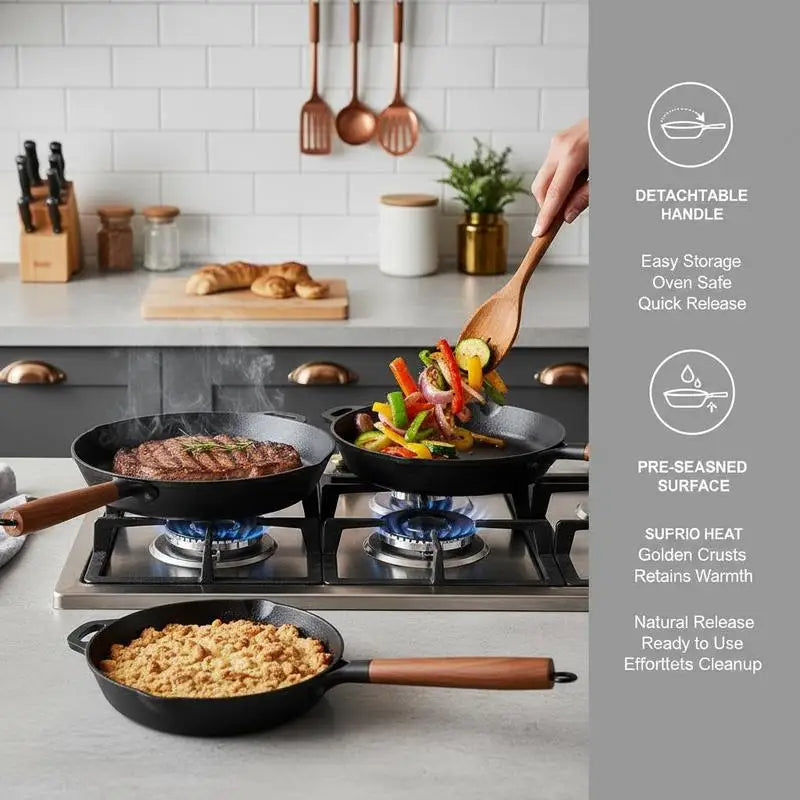 Cast Iron Cookware Set 3-Piece Frying Pans With Detachable Wood Handles