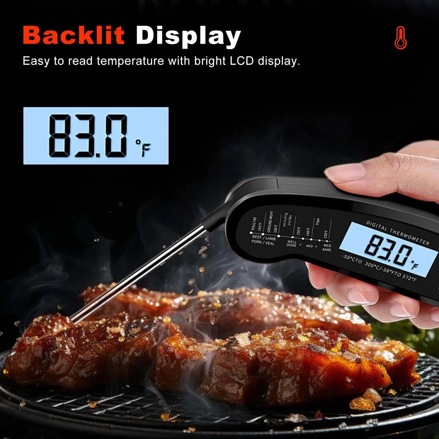 Digital Instant Read Food Thermometer With Backlit LCD Display