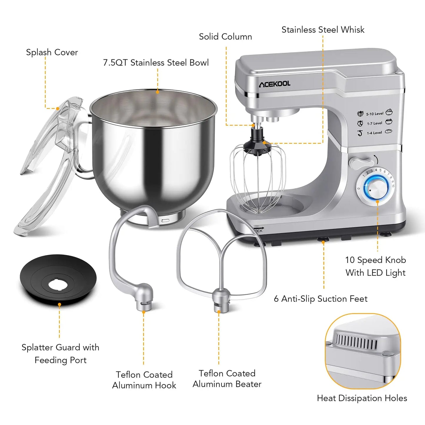 Electric Dough Mixer 660W 10-Speed Tilt-Head With Stainless Steel Bowl