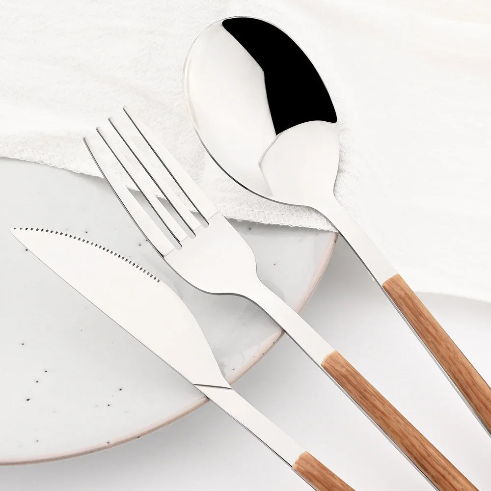 Stainless Steel Cutlery Set With Imitation Wooden Handles