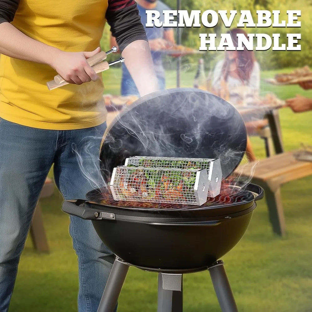 Rolling Grill Basket With Removable Wood Handle For Outdoor Cooking
