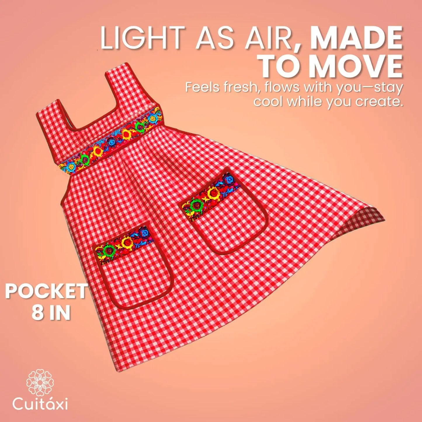 Mexican Apron for Women with Deep Pockets & Embroidered Flowers - Mandil de Cocina