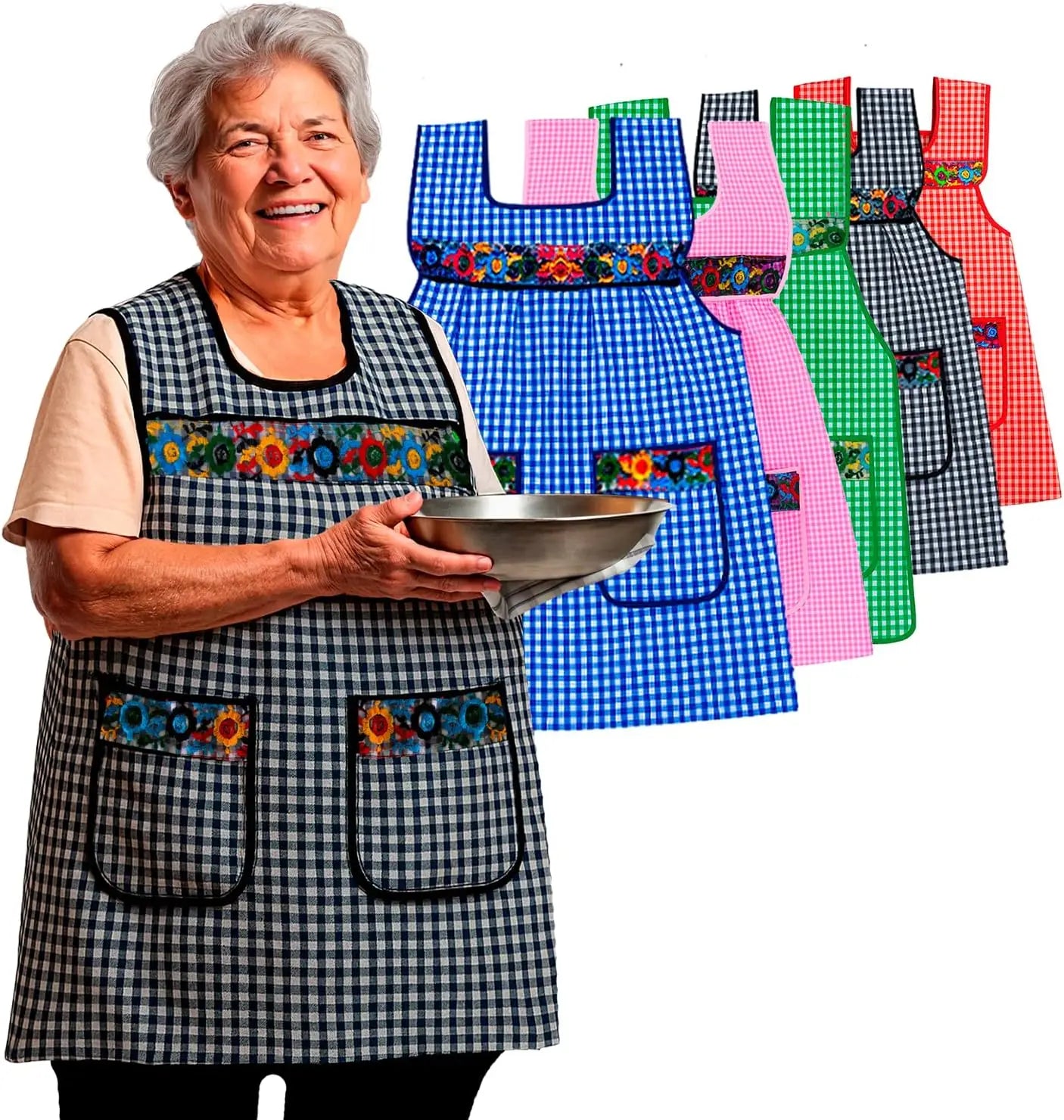Mexican Apron for Women with Deep Pockets & Embroidered Flowers - Mandil de Cocina