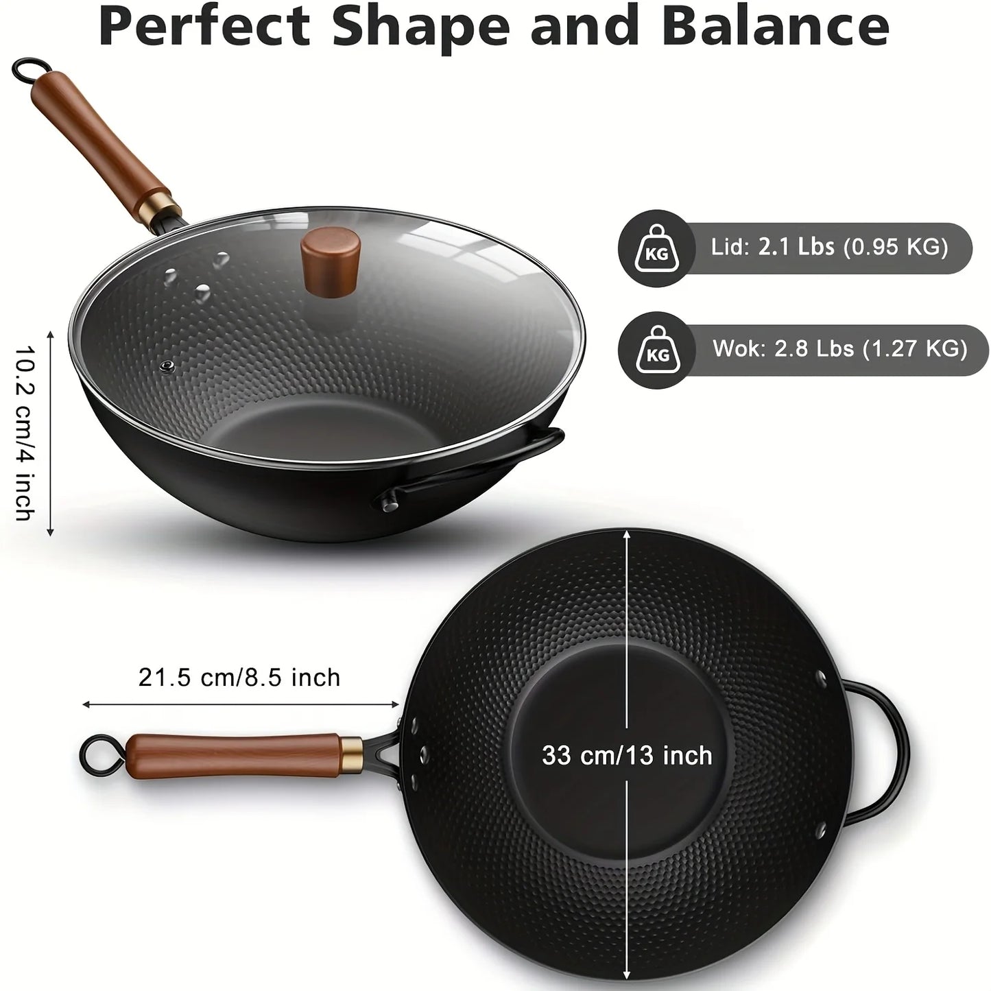 1 Set Cast Iron Wok with Lid- 13.35-Inch Nonstick Frying Pan, Flat Bottom Carbon Steel Cookware Induction Nonstick Wok, Woks & Stir-Fry Pans for Induction, Electric, Gas, Halogen, All Stoves