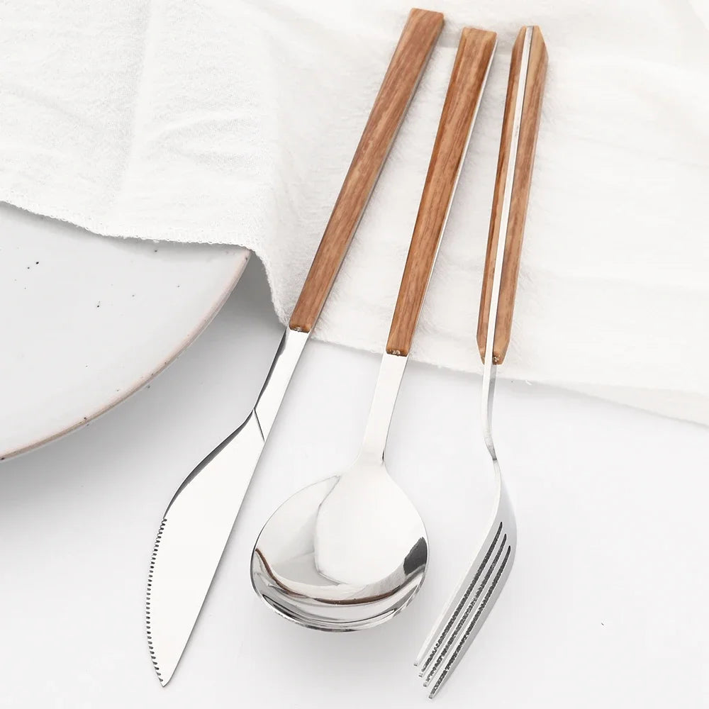 Stainless Steel Cutlery Set With Imitation Wooden Handles