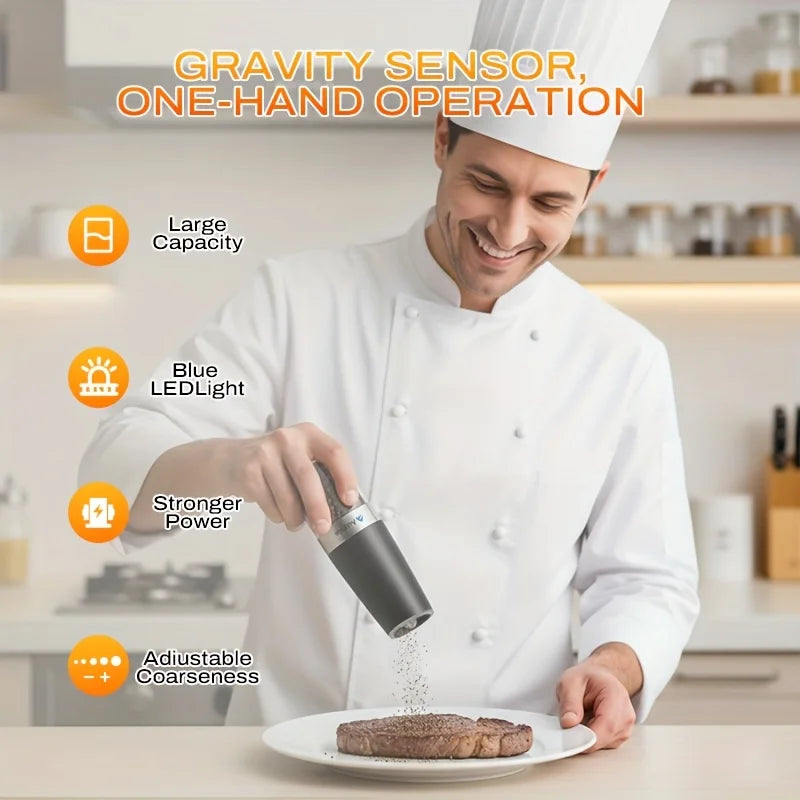 2pcs Gravity-sensing Electric Salt And Pepper Grinder Set, Battery-powered LED Light, One-hand Operation, Local Fast Delivery, Adjustable Coarseness Grinder, Black Kitchen Gadget, Salt And Pepper Grinder Electric 2pcs, Birthd