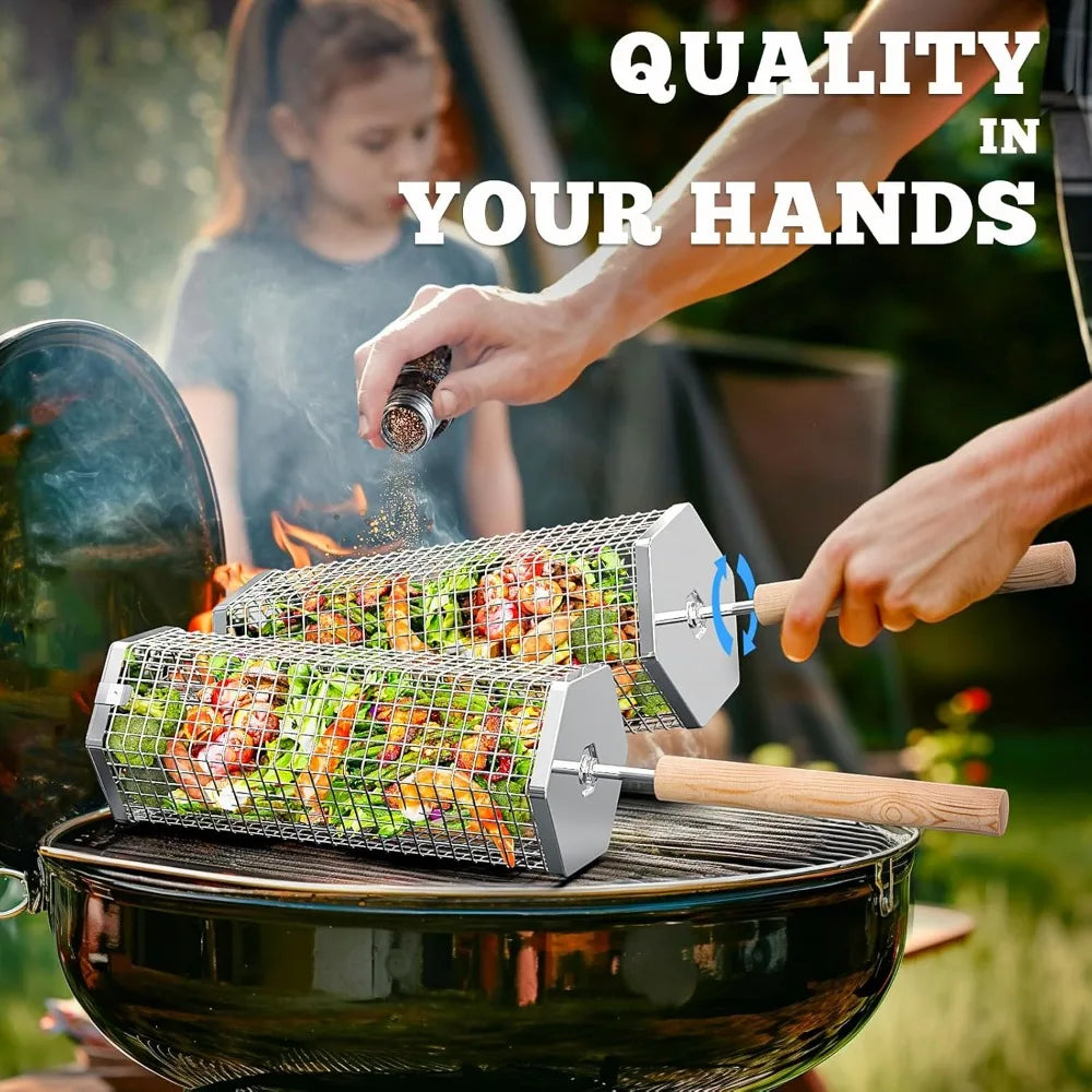 Rolling Grill Basket With Removable Wood Handle For Outdoor Cooking