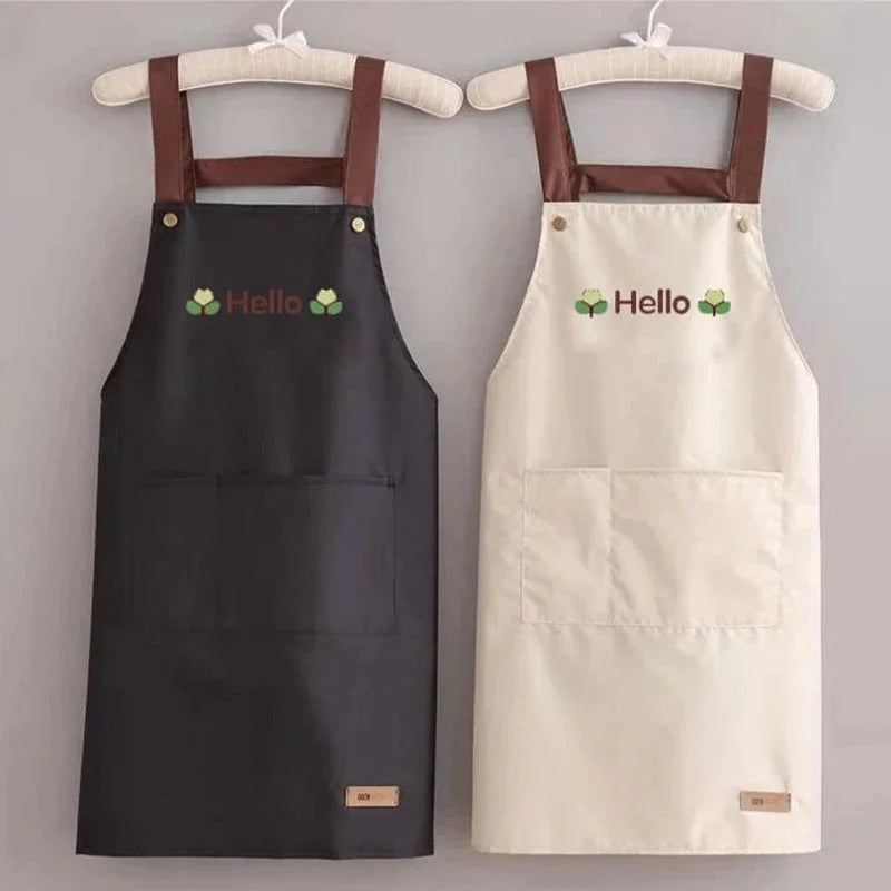 Hello Letter Print Waterproof Kitchen Apron With Front Pocket