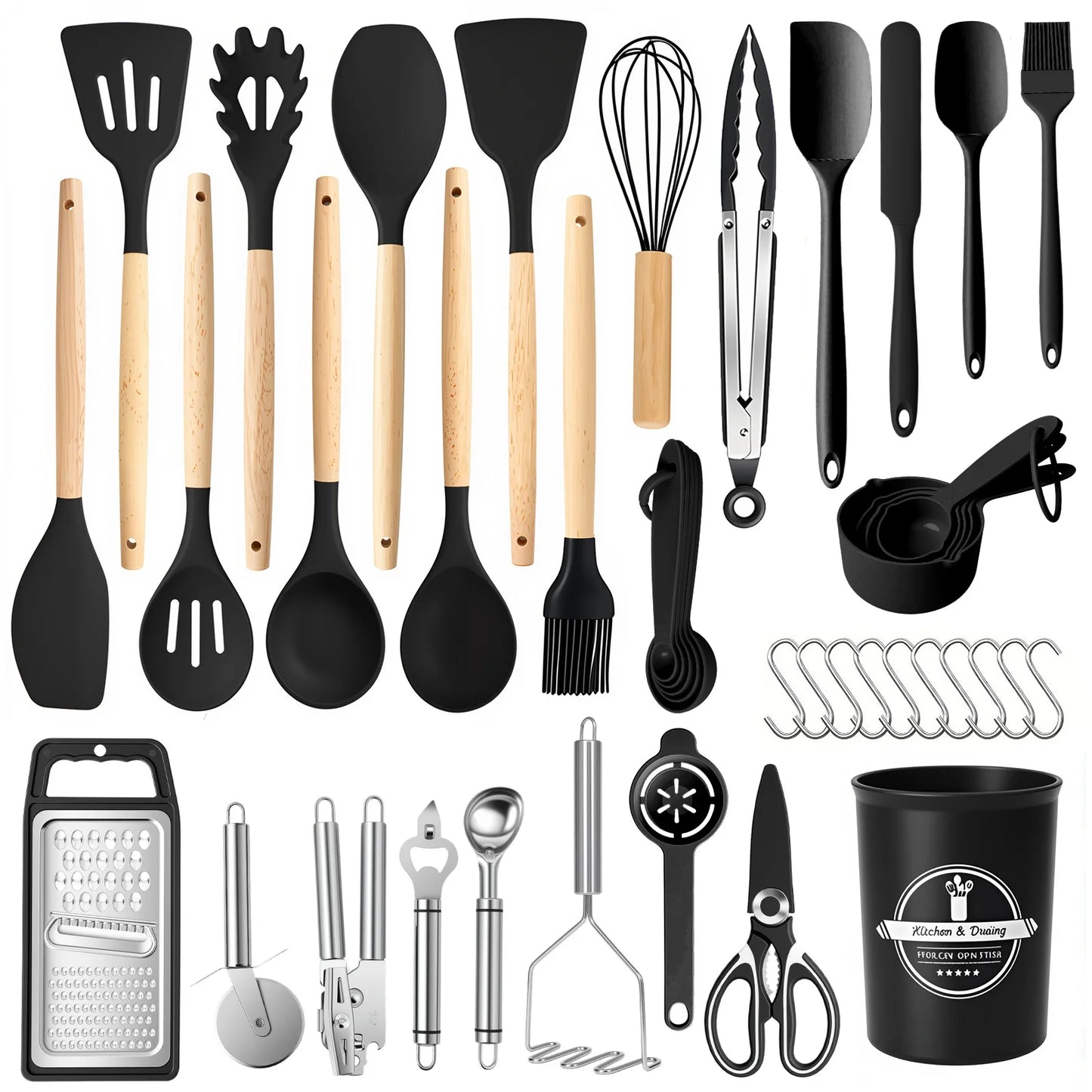 Silicone Wooden Handle 44-Piece Non-Stick  Kitchen Utensil Set Food-Grade Heat-Resistant Cookware Set for Kitchen & Baking