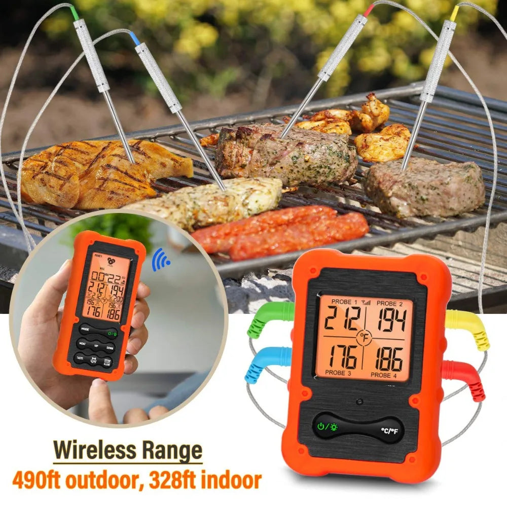 Digital Wireless Meat Thermometer With Four Probes For Grilling